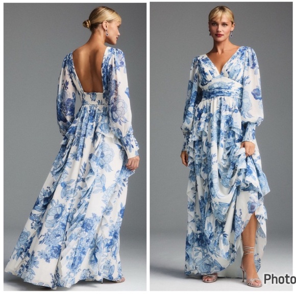 BHLDN Blue White Floral Long Sleeve Chiffon Formal Maxi Dress Gown - Picture 1 of 10